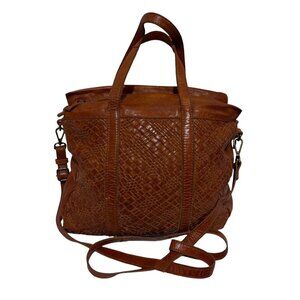 Leather Basketweave Crossbody Bag Adjustable Strap Cognac 100% Leather